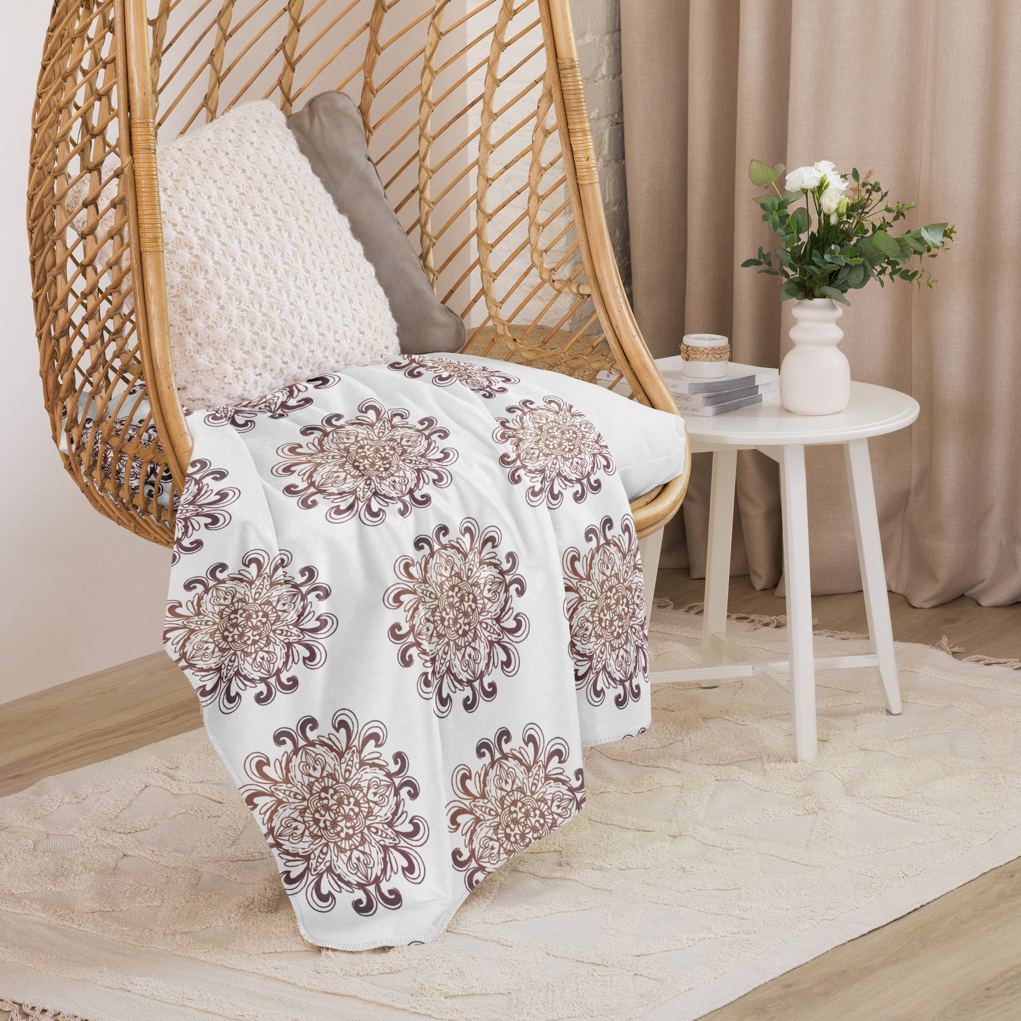 cozy mandala Sherpa blanket draped over hanging chair in boho living space - earthy brown and muave intricate pattern by TaneshaDoodles