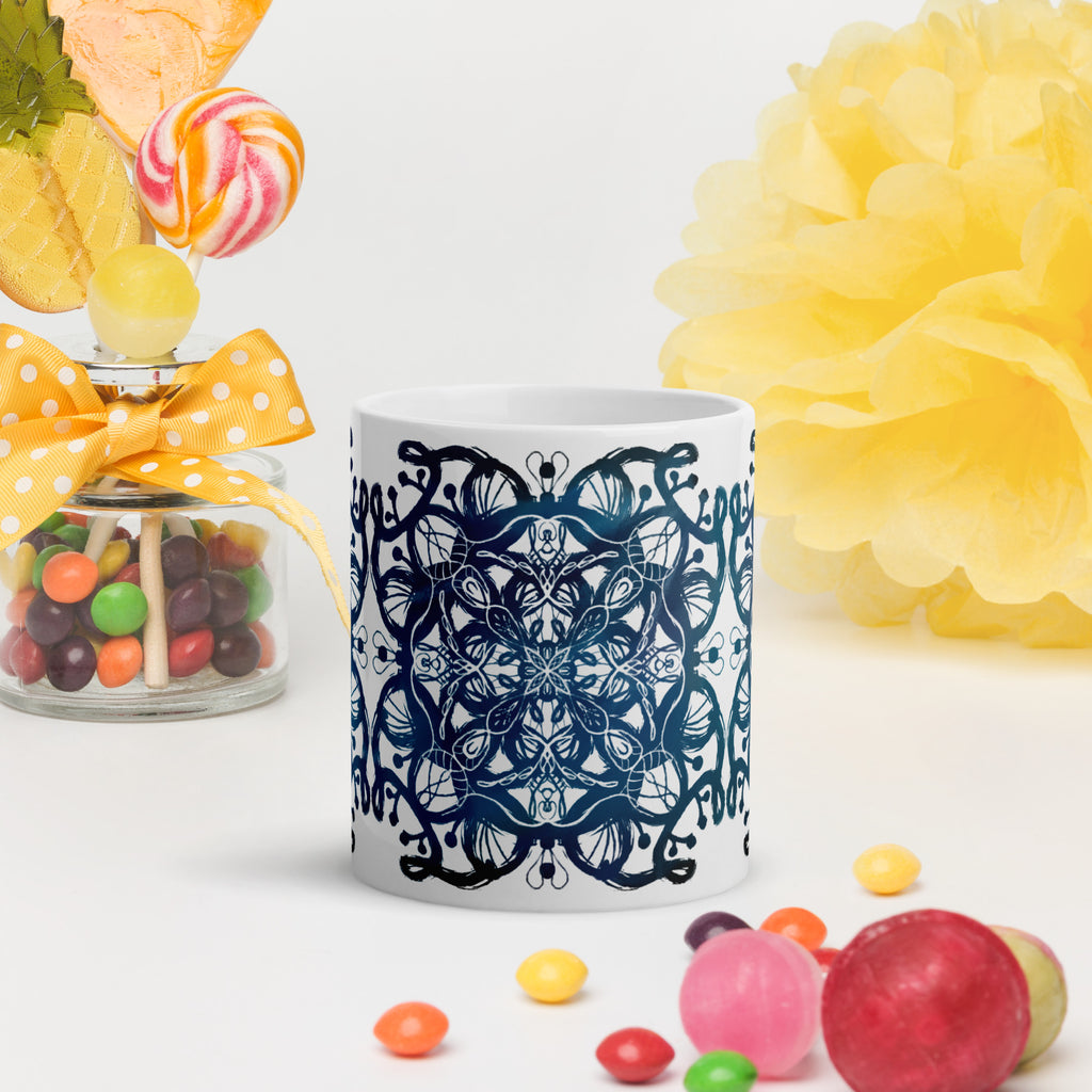white Glossy ceramic mug with colorful intricate mandala design - boho spiritual coffee mug by TaneshaDoodles
