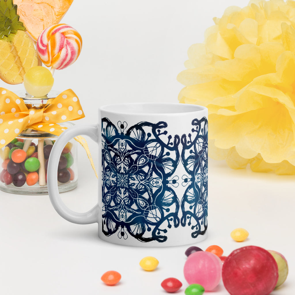 white Glossy ceramic mug with colorful intricate mandala design - boho spiritual coffee mug by TaneshaDoodles