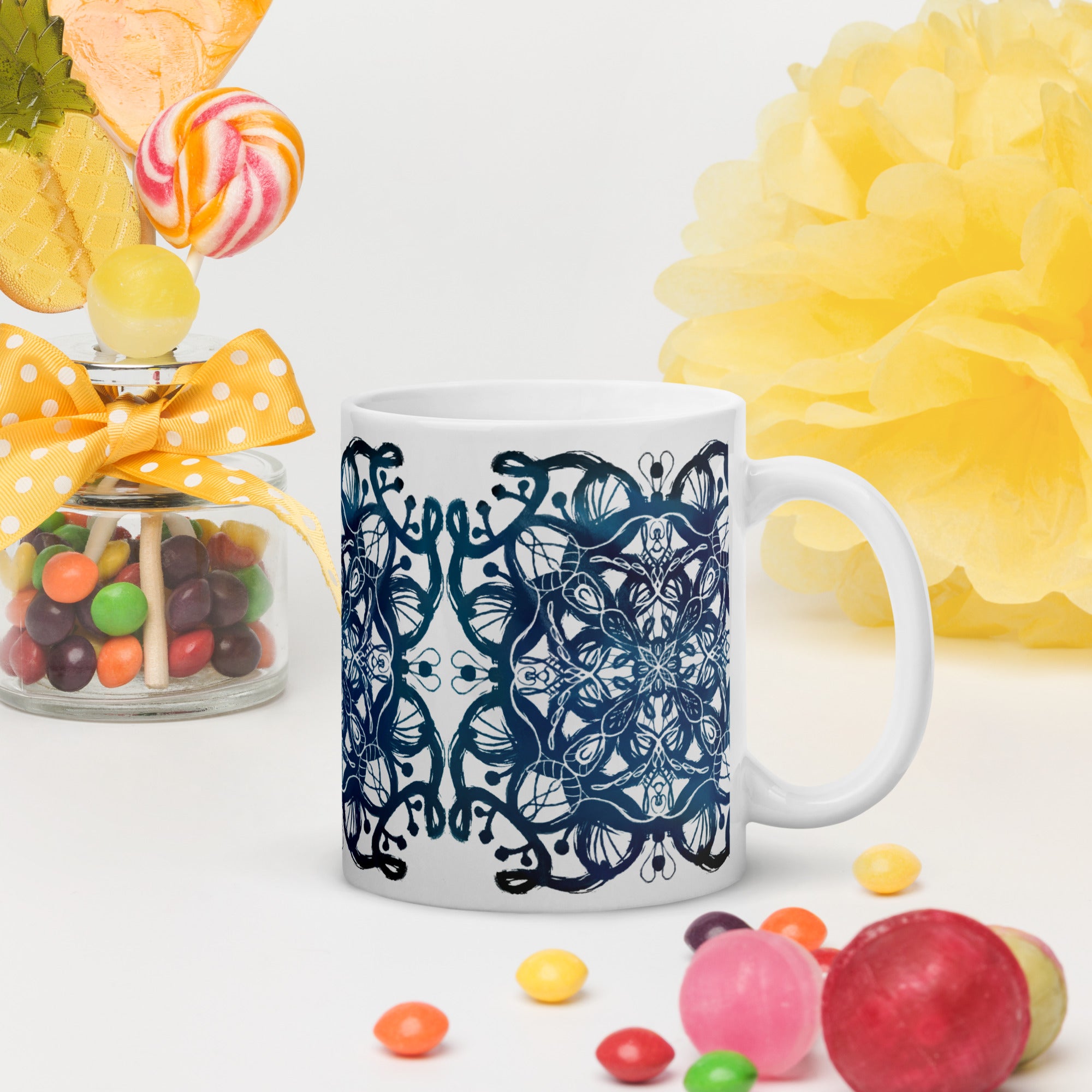 white Glossy ceramic mug with colorful intricate mandala design - boho spiritual coffee mug by TaneshaDoodles