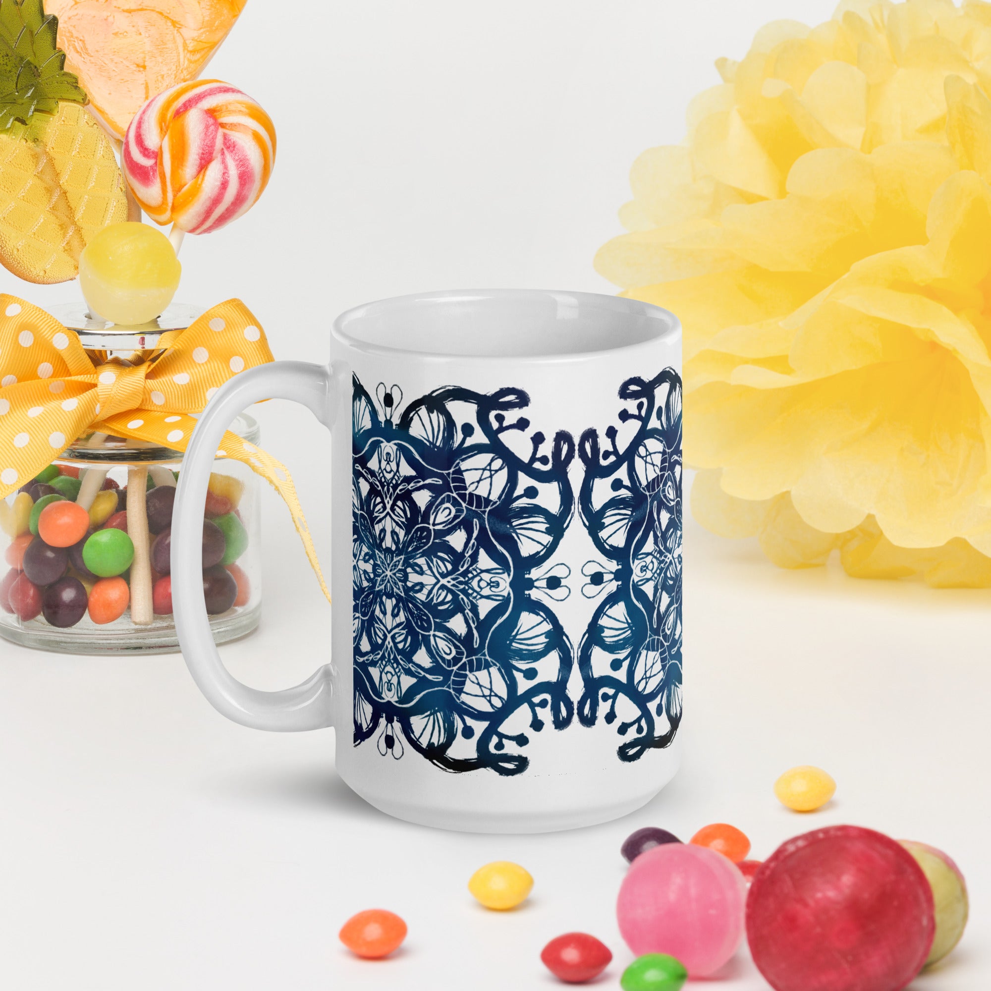 white Glossy ceramic mug with colorful intricate mandala design - boho spiritual coffee mug by TaneshaDoodles