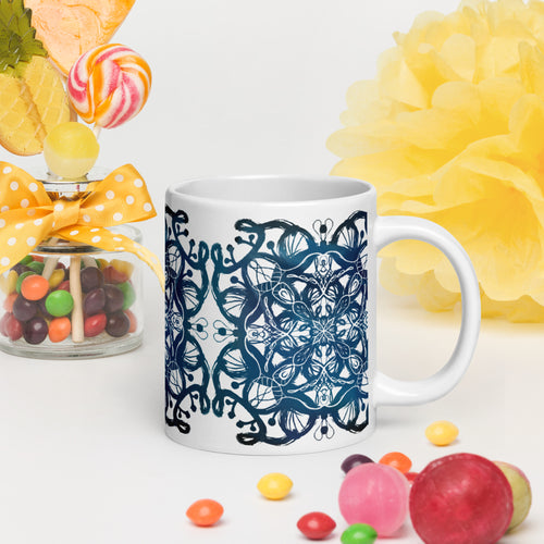 white Glossy ceramic mug with colorful intricate mandala design - boho spiritual coffee mug by TaneshaDoodles